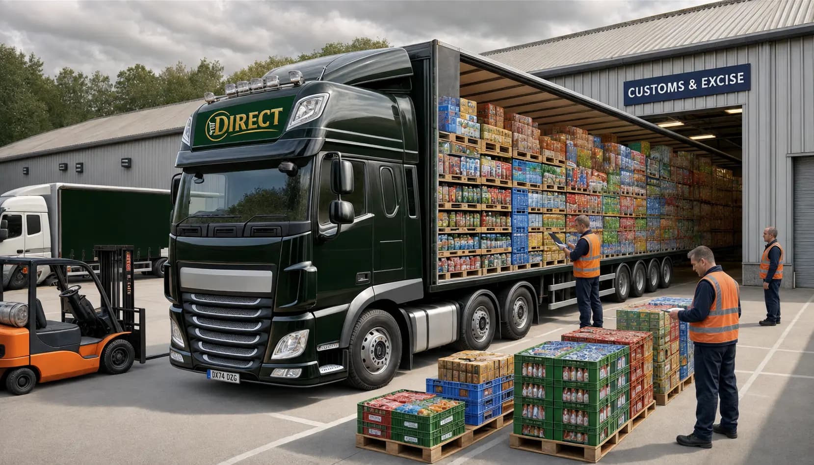 A Direct freight lorry loading beside shipping containers at a UK port