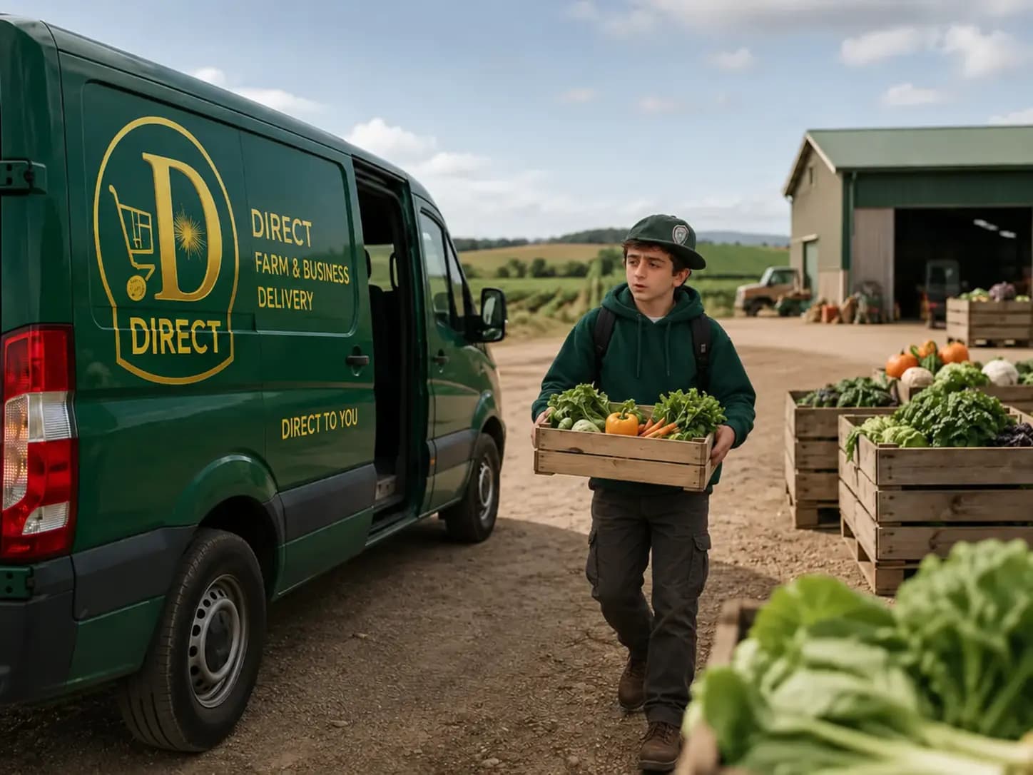 A grower carrying a crate of freshly picked vegetables through a field